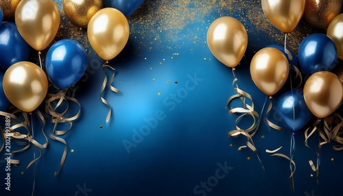 celebration birthday wedding ballons blue golden golden ribbons flying on the top of image blue background texture card