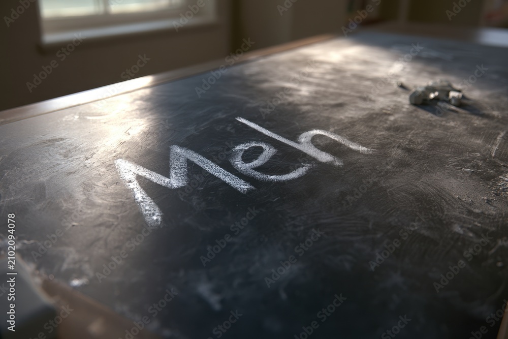 Fototapeta premium Chalk on a blackboard spelling Meh, capturing a mood of indifference during an opinion moment