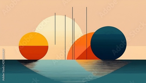 minimal geometric shape design mid century modern art with water
