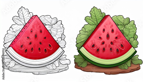 watermelon coloring page and colored version for creative fun and education
