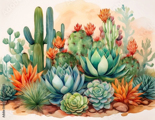 watercolor cacti agaves and succulents designed for arid landscape architecture site plan layouts
