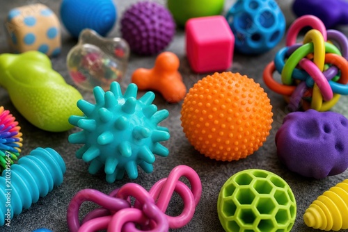 Colorful sensory toys and textured massage balls are arranged on a dark surface to promote tactile development, motor skills, and sensory play for babies and toddlers