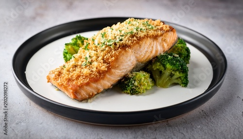 garlic parmesan salmon fillet baked with crispy breadcrumb topping served with broccoli on white plate healthy gourmet meal