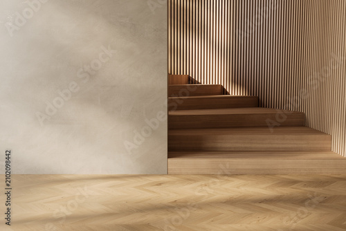 Modern interior design of apartment, wooden stairs, empty living room with beige wall, panorama. 3d Rendering