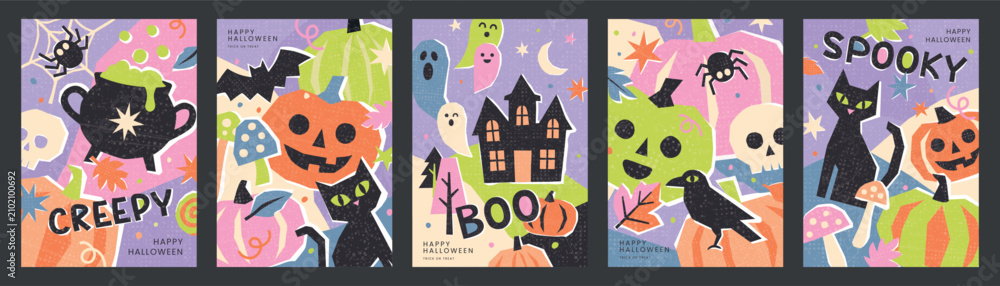 Fototapeta premium Set of Halloween card designs with spooky pumpkins, haunted house, black cat and ghosts. Vector illustrations in flat paper cut style with grainy texture, perfect for holiday greeting and invitation.