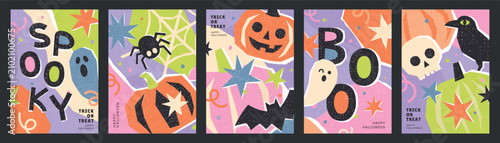 Set of vertical Halloween greeting cards featuring creepy skull, spider web, flying bat and cute ghosts. Vector illustrations in modern flat collage style with grain, ideal for autumn holiday event.