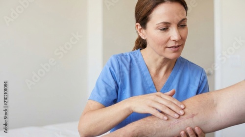 Female nurse examining a surgical scar on a patient arm. Healthcare professional checking post operative wound healing in a clinic. Medical checkup concept