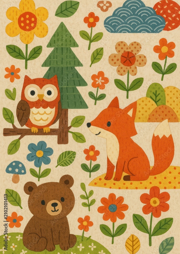 Fototapeta premium Whimsical forest animals wallpaper