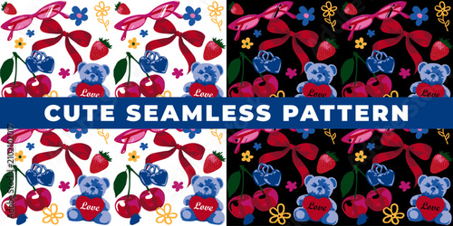 Cute Girly Seamless Pattern with Teddy Bears, Cherries, and Bows Vector Illustration