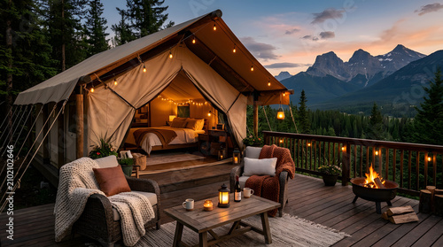 Glamping tent setup with outdoor furniture on a deck at dusk surrounded by mountains and trees