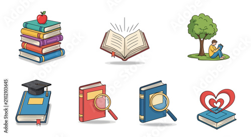 A collection of colorful educational book icons on white background