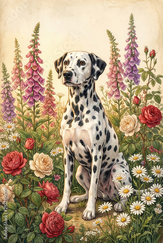 Dalmatian Dog Sitting in a Garden of Flowers
