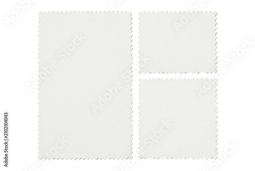 Konstfotografi Three white postage stamp templates with perforated edges