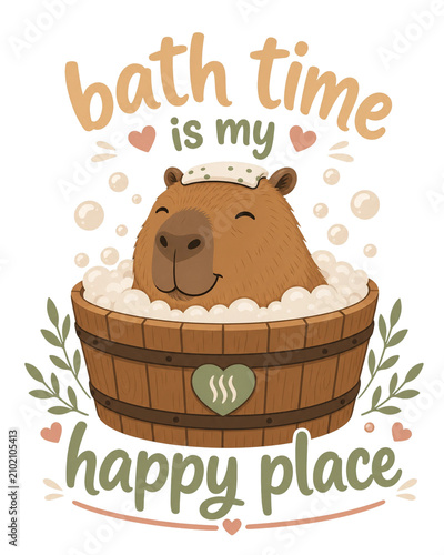 Cute Capybara in Wooden Tub with Bath Bubbles Isolated