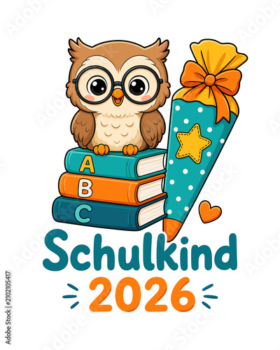 Cute Owl with School Books and German School Cone 2026