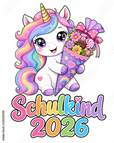 Cute Baby Unicorn with Candy School Cone for First Day of School