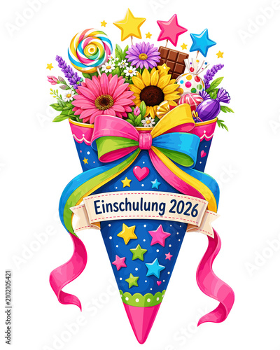 Colorful Einschulung 2026 Schultuete with Sweets and Flowers