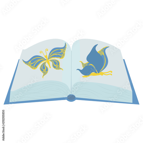 A book spread featuring yellow and blue butterflies. Vector illustration isolated on a white background.