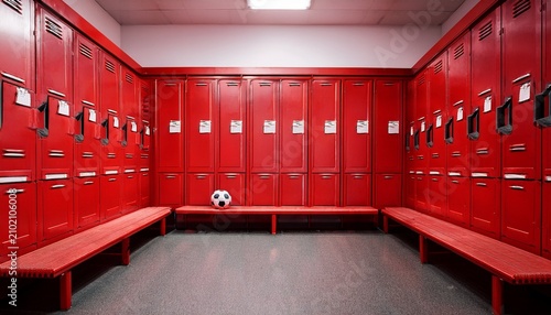 red locker room with soccer ball and benches