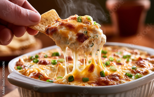 Cheesy tortilla chip dip with melted cheese green onion and creamy texture hand dipping chip comfort food close up warm inviting