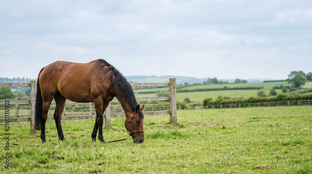 Obraz premium Brown horse grazing in green pasture under cloudy sky 
