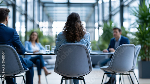 Bright over the shoulder view of three colleagues collaborating in a modern office meeting faces turned away faceless composition productive discussion teamwork