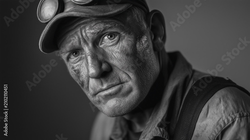 FINE ART MONOCHROME PORTRAIT OF A WEATHERED COAL MINER WITH COAL DUST ON HIS FACE WEARING VINTAGE WORKWEAR AND GOGGLES
