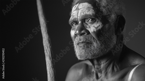 FINE ART MONOCHROME PORTRAIT OF AN ELDERLY AUSTRALIAN ABORIGINAL MAN WITH TRADITIONAL WHITE BODY PAINT HOLDING A WOODEN SPEAR