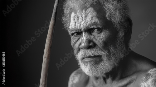 FINE ART MONOCHROME PORTRAIT OF AN ELDERLY AUSTRALIAN ABORIGINAL MAN WITH TRADITIONAL WHITE BODY PAINT HOLDING A WOODEN SPEAR