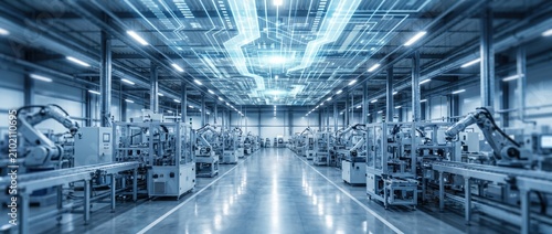 Automated smart factory with robotic arms operating on assembly lines integrated with digital circuit overlay representing industrial internet of things and advanced manufacturing technology