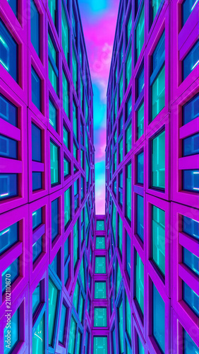 Futuristic urban buildings with neon lighting and pink sky
