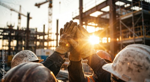 Construction workers joining hands in high five gesture wearing protective leather gloves and hard hats on a building site during golden hour sunset