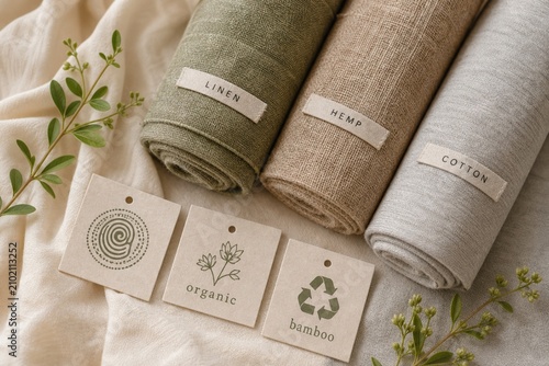 Three rolls of natural eco friendly fabrics labeled linen hemp and cotton with organic and bamboo paper tags on a soft textile surface