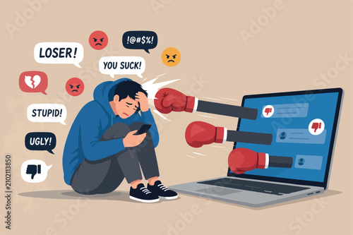 Foto Cyber bullying, online harassment using social media to threatened people, viole