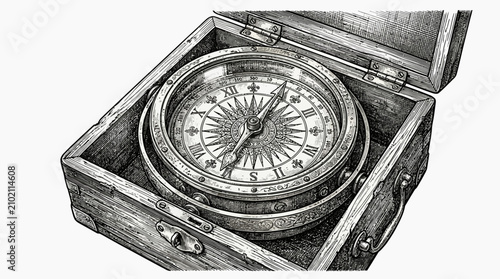 An old vintage nautical compass rests inside a wooden box case