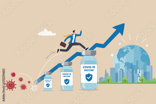 COVID-19 vaccine successfully develop and build herd immunity to make world economic and business recover concept, businessman jumping on Coronavirus vaccine bottle rising arrow economic chart