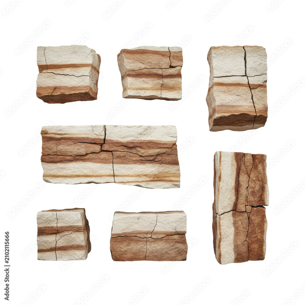 Fototapeta premium Eight irregular sandstone blocks with sedimentary layers and weathered cracks on a minimalist white background with soft lighting. Concept of geological permanence
