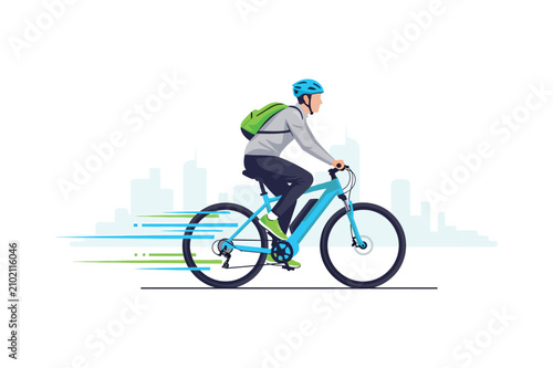 Cyclist riding a bicycle with backpack vector illustration against city skyline