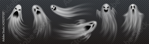 Bild auf Leinwand Spooky Specters: A collection of transparent, ethereal ghosts with various expressions, from frightful screams to eerie smiles, float ominously on a dark, checkered background