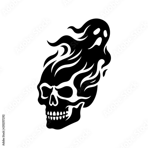Картината върху платно Black skull icon with a ghost spirit rising from the top in a flat graphic style