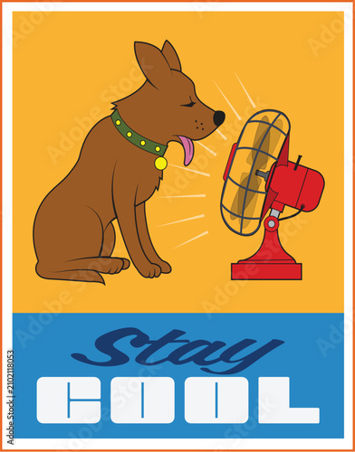 A dog cools off in front of a fan.