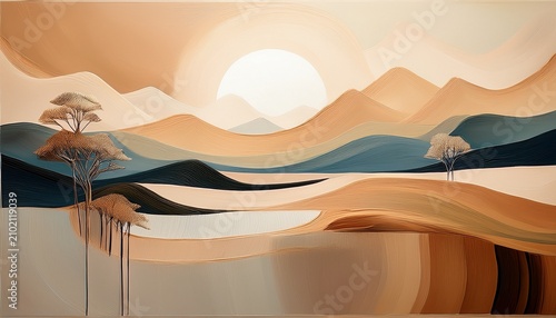 abstract landscape painting with earth tones and light accent ideal for modern decor