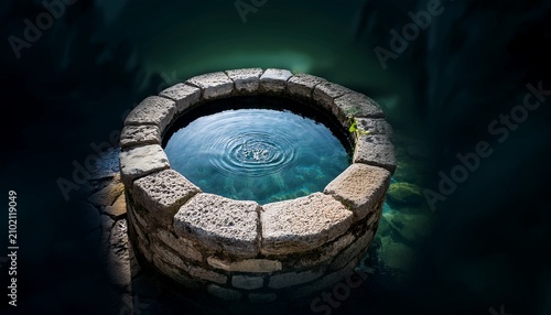a stone well with clear water and a ripple in the center