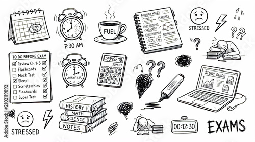 Hand draw exam preparation study tools and stress management doodle set
