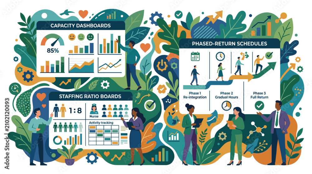Naklejka premium Strategic Business Management and Staffing Dashboard Illustration