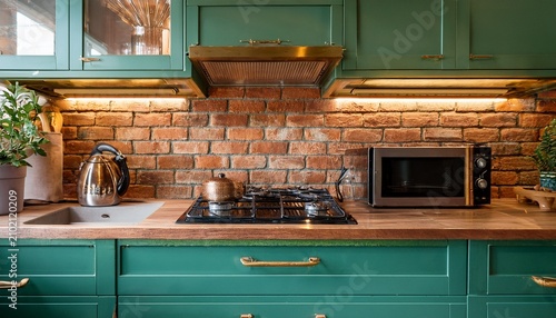 green cabinets and brick wall create a modern retro kitchen appliances like a toaster oven and kettle are visible copper accents add warmth to the stylish domestic space
