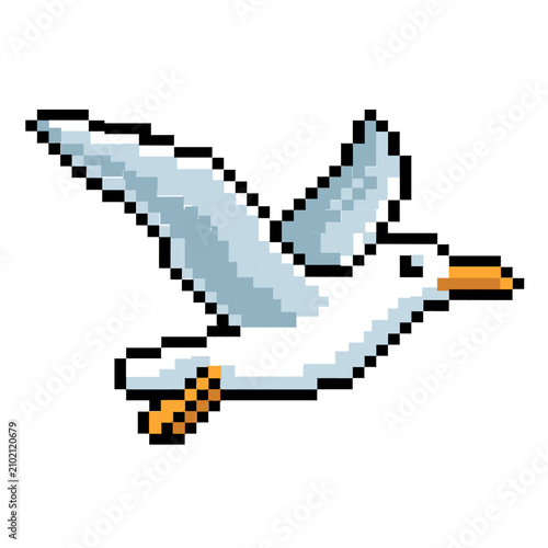 flying seagull 8-bit pixel retro vector graphic icon