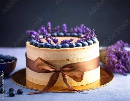 lavender tiramisu cake blueberry decoration gold cake stand elegant dessert ladyfingers celebration pastry floral garnish gourmet presentation ribbon tied luxurious treat display copy space