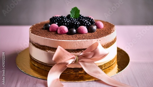 elegant tiramisu cake design pink ladyfingers blackberry topping dessert display gourmet presentation decorative ribbon gold stand confectionery art culinary elegance pastry decoration