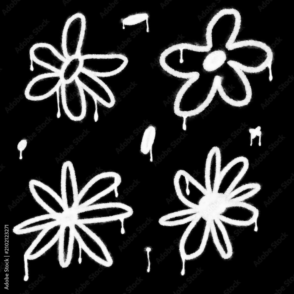 Fototapeta premium White spray paint flower silhouettes with drips isolated on black background